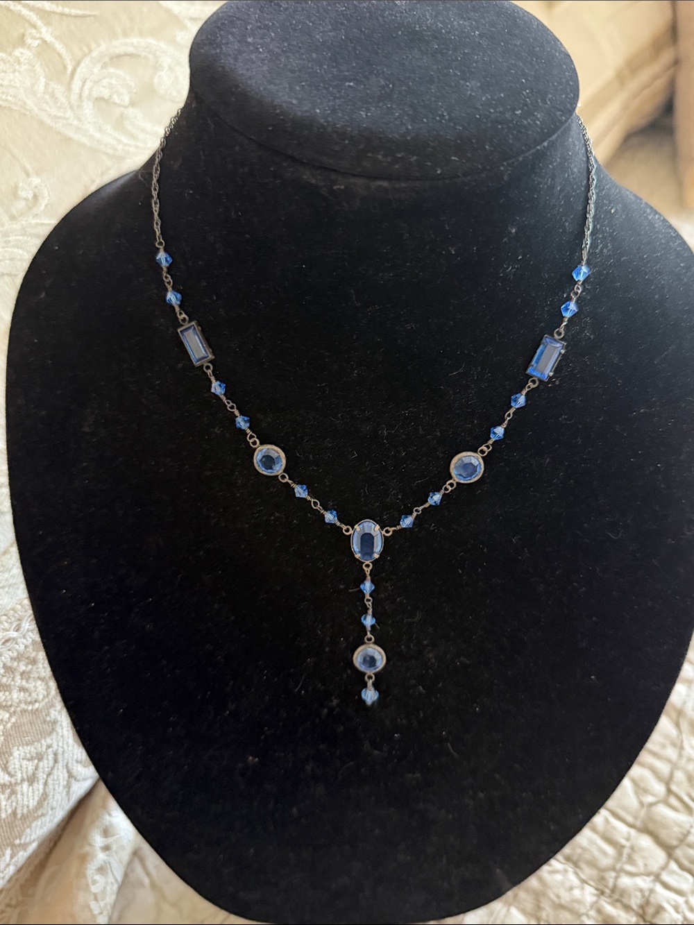 Crystal necklace blue Swarovski oxidized ster silver chain vintage timeless